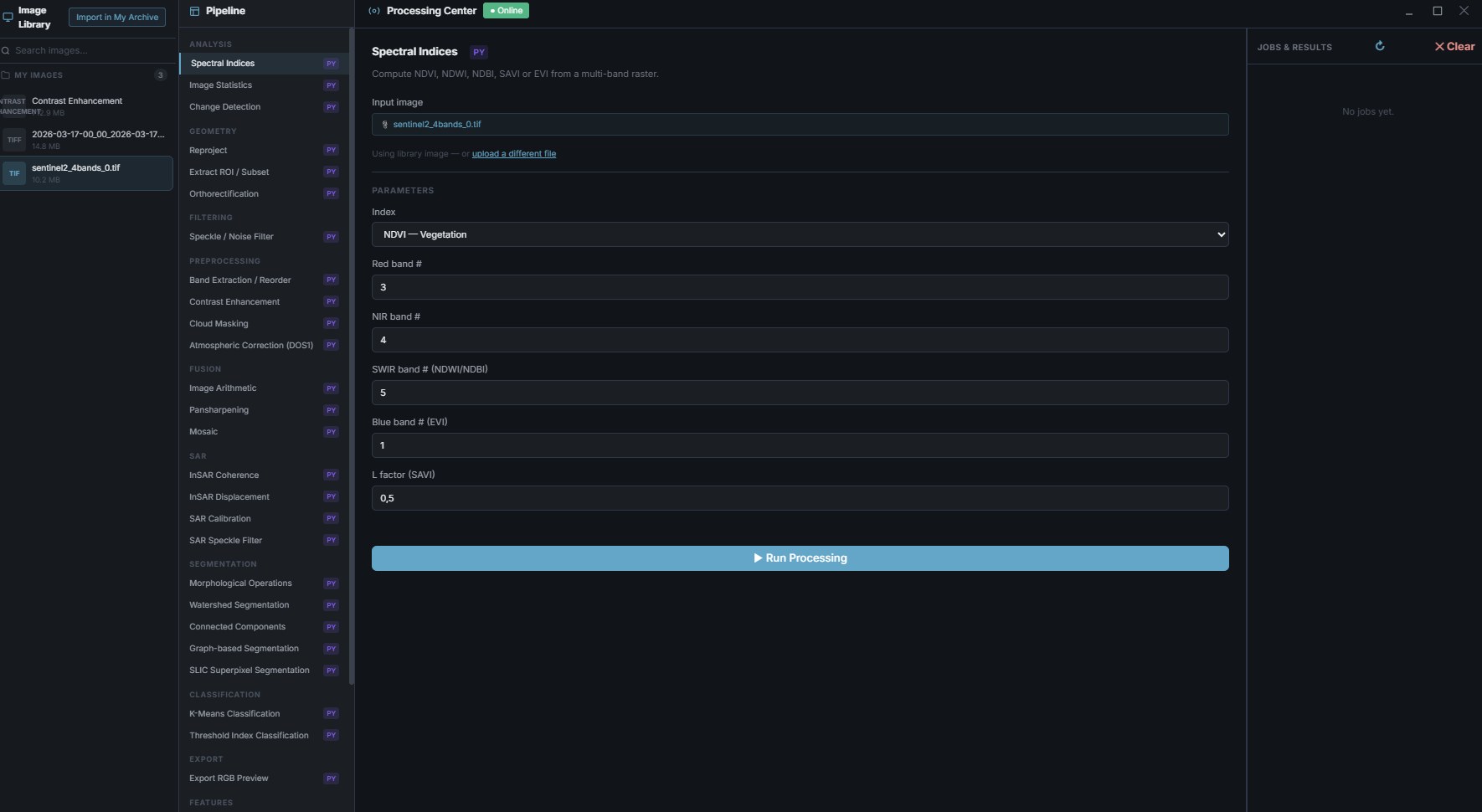The Processing Center: an image library on the left, the full pipeline operation catalogue grouped into analysis, geometry, filtering, pre-processing, fusion, SAR, segmentation, classification and export, and a spectral indices parameter form set to NDVI with band assignments and a Run Processing button.